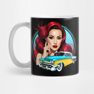 80s motor race party design with fashion girl and retro car on red rays Mug